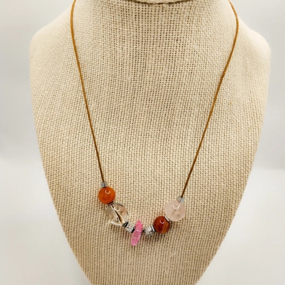 Red Agate, Clear Quartz, charm cord necklace - Picture 2 of 3